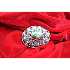 Vintage Bohemian Silver Tone Oval Brooch Green Faux Stone Blue Turquoise Bead